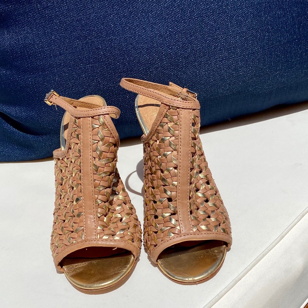 Coach Basket-Weave Tan and Gold Heeled Sandal